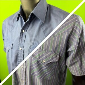 Vintage Plains Mens M Short Sleeve Pearl Snap Western Shirts Blue/Striped READ